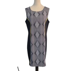 Voir Voir Mod Geometric Shift Dress Sz 12 Black White Op Art Yellow Piping Retro